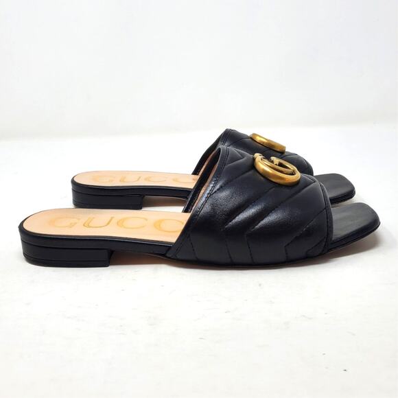 Gucci Marmont Double G Flat Sandals Quilted Black Leather 646169 Size 36.5 - Picture 3 of 10